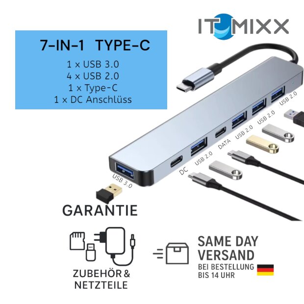 7-in-1 USB-C HUB Adapter mit PD &ndash; Typ-C Dock f&uuml;r MacBook &amp; Laptop