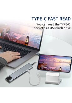 USB C HUB 4K30Hz Dockingstation 8-IN-1 USB 3.0 Splitter Typ C auf RJ45 SD/TF Kartenleser f&uuml;r MacBook Notebook Laptop Computer