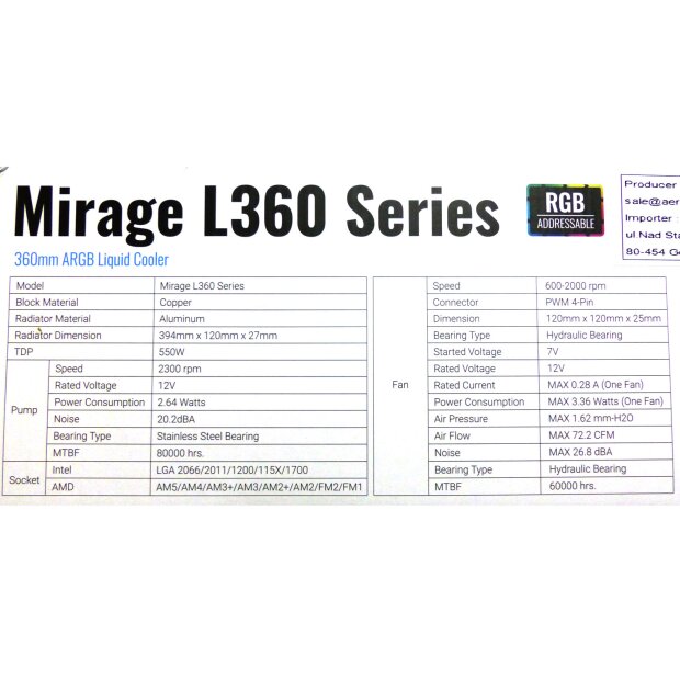 Aerocool Mirage L360 Black AiO RGB Wasserk&uuml;hlung, CPU-Wasserk&uuml;hler