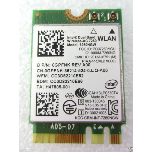 Intel Wireless 7260NGW WLAN WiFi 802.11 ac/a/b/g/n + Bluetooth 4.0 Card