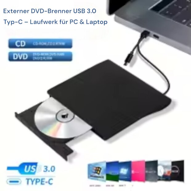USB 3.0 Typ-C Externer DVD-Brenner CD/DVD RW Laufwerk f&uuml;r Laptop &amp; PC
