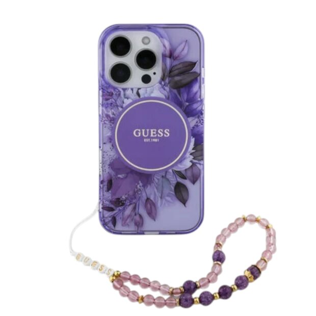 Guess iPhone 16 Pro Max R&uuml;ck-Cover H&uuml;lle - Magsafe IML Blumen mit Perlenkette - Lila