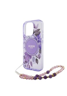 Guess iPhone 16 Pro Max R&uuml;ck-Cover H&uuml;lle - Magsafe IML Blumen mit Perlenkette - Lila