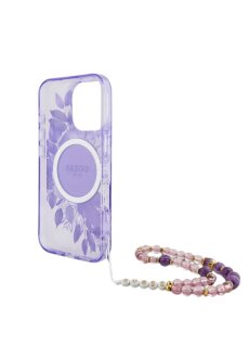 Guess iPhone 16 Pro Max R&uuml;ck-Cover H&uuml;lle - Magsafe IML Blumen mit Perlenkette - Lila