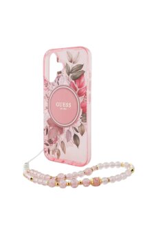 Guess iPhone 16 R&uuml;ck-Cover H&uuml;lle - Magsafe IML Blumen mit Perlenkette - Rosa