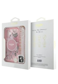 Guess iPhone 16 R&uuml;ck-Cover H&uuml;lle - Magsafe IML Blumen mit Perlenkette - Rosa