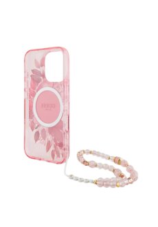 Guess iPhone 16 Pro Max R&uuml;ck-Cover H&uuml;lle - Magsafe IML Blumen mit Perlenkette - Rosa