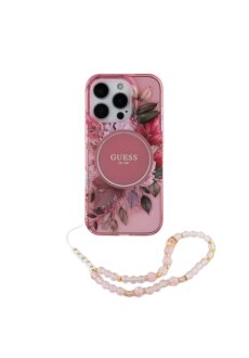 Guess iPhone 16 Pro Max R&uuml;ck-Cover H&uuml;lle - Magsafe IML Blumen mit Perlenkette - Rosa