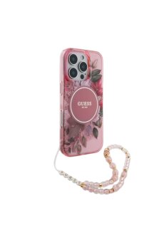 Guess iPhone 16 Pro Max R&uuml;ck-Cover H&uuml;lle - Magsafe IML Blumen mit Perlenkette - Rosa