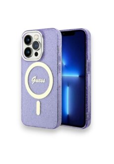 GUESS Apple iPhone 16 Pro Max  Handyh&uuml;lle Cover H&uuml;lle Magsafe IML Glitter Lila