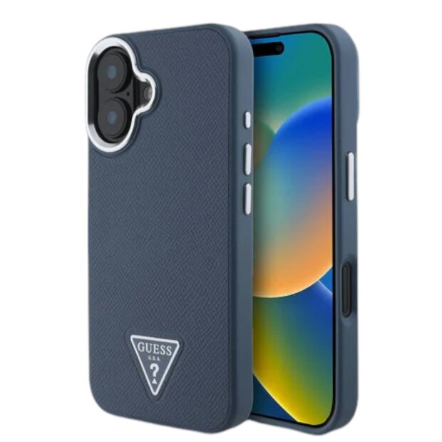 Guess iPhone 16 H&uuml;lle MagSafe PU Leder Dreiecksmuster Blau Eleganter