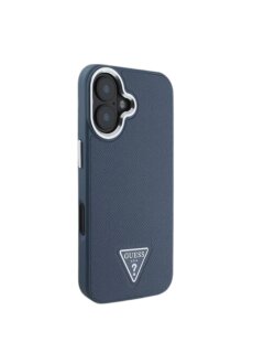 Guess iPhone 16 H&uuml;lle MagSafe PU Leder Dreiecksmuster Blau Eleganter
