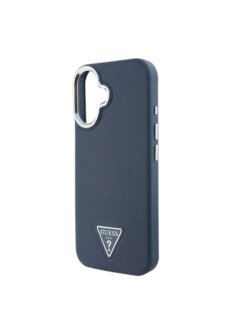 Guess iPhone 16 H&uuml;lle MagSafe PU Leder Dreiecksmuster Blau Eleganter
