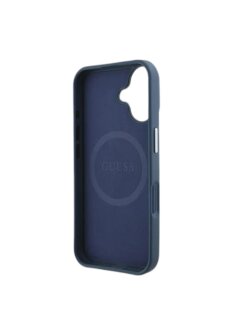 Guess iPhone 16 H&uuml;lle MagSafe PU Leder Dreiecksmuster Blau Eleganter