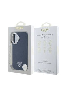 Guess iPhone 16 H&uuml;lle MagSafe PU Leder Dreiecksmuster Blau Eleganter