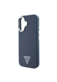 Handyh&uuml;lle Guess iPhone 16 H&uuml;lle MagSafe PU Leder Dreiecksmuster Blau Eleganter