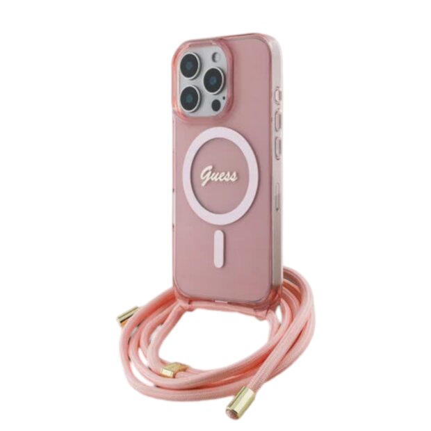 Guess iPhone 16 Pro Max R&uuml;ckseite-H&uuml;lle - Magsafe mit IML Crossbody-Kordel und Script-Design - Rosa