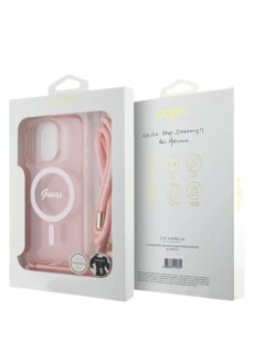 Guess iPhone 16 Pro Max R&uuml;ckseite-H&uuml;lle - Magsafe mit IML Crossbody-Kordel und Script-Design - Rosa