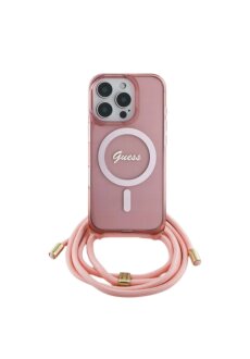 Guess iPhone 16 Pro Max R&uuml;ckseite-H&uuml;lle - Magsafe mit IML Crossbody-Kordel und Script-Design - Rosa