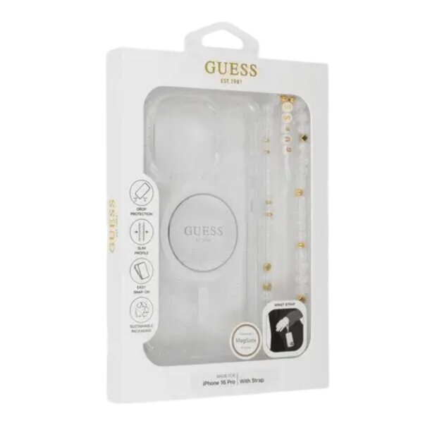 Guess iPhone 16 Pro Max R&uuml;ck-Cover H&uuml;lle - Magsafe IML Blumen mit Perlenkette - Wei&szlig;