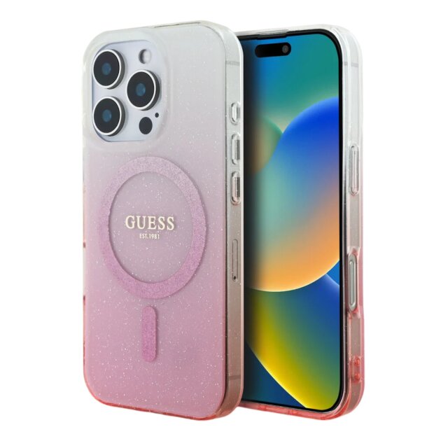 Guess iPhone 16 Pro Max R&uuml;ck-Cover H&uuml;lle - Magsafe IML Glitter-Gradient - Rosa