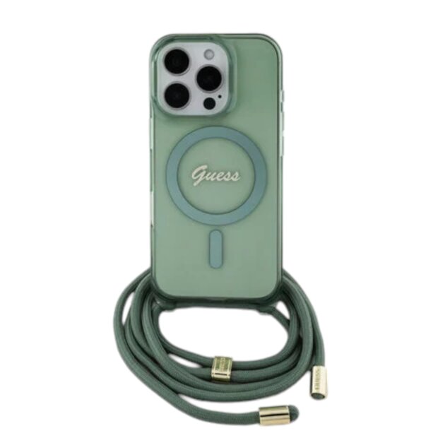 Guess iPhone 16 Pro Max R&uuml;ckseite-H&uuml;lle - Magsafe mit IML Crossbody-Kordel und Script-Design -  Gr&uuml;n