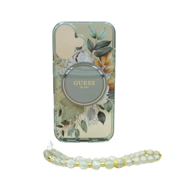 Guess iPhone 16 Pro R&uuml;ck-Cover H&uuml;lle - Magsafe IML Blumen-Design mit Perlenband - Gr&uuml;n