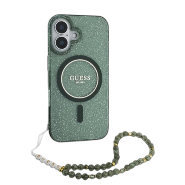 Handyh&uuml;lle iPhone 16 Pro Max R&uuml;ck Cover H&uuml;lle Magsafe IML Glitter mit Perlenband Gr&uuml;n