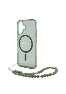 GUESS Apple iPhone 16 Pro Max  Handyh&uuml;lle Cover H&uuml;lle Magsafe IML Glitter mit Perlenband Gr&uuml;n