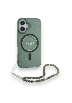 GUESS Apple iPhone 16 Pro Max  Handyh&uuml;lle Cover H&uuml;lle Magsafe IML Glitter mit Perlenband Gr&uuml;n