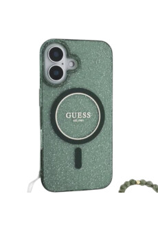 GUESS Apple iPhone 16 Pro Max  Handyh&uuml;lle Cover H&uuml;lle Magsafe IML Glitter mit Perlenband Gr&uuml;n