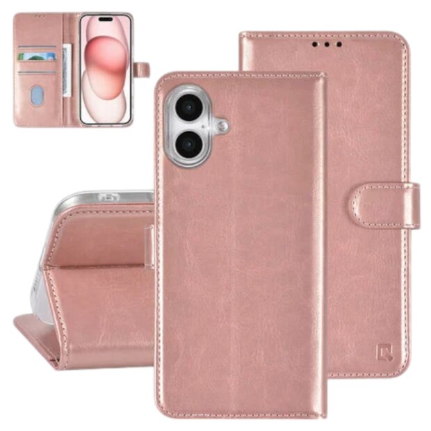 UNIQ iPhone 16 Plus Book-Case H&uuml;lle mit Kartenhalter Rosa-Gold