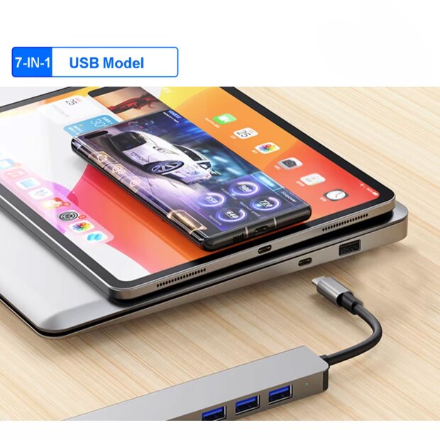 7-in-1 USB-C Hub mit USB 3.0 und DC-Ladefunktion 5 Gbit/s Docking Station For Tablett Laptop