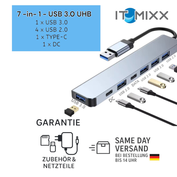 7-in-1 USB HUB Adapter &ndash; USB 3.0 + 4&times; USB 2.0 + USB-C + PD f&uuml;r Laptop &amp; PC