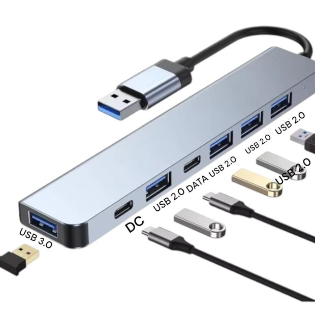 7-in-1 USB HUB Adapter &ndash; USB 3.0 + 4&times; USB 2.0 + USB-C + PD f&uuml;r Laptop &amp; PC