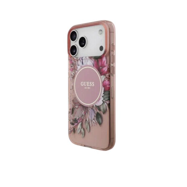Guess iPhone 17 Pro Max R&uuml;ck-Cover H&uuml;lle - Magsafe IML Blumen mit Perlenkette