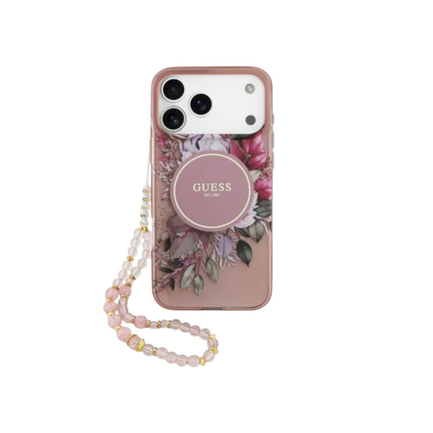 Handyh&uuml;lle Guess iPhone 17 Pro Max R&uuml;ck-Cover H&uuml;lle - Magsafe IML Blumen mit Perlenkette