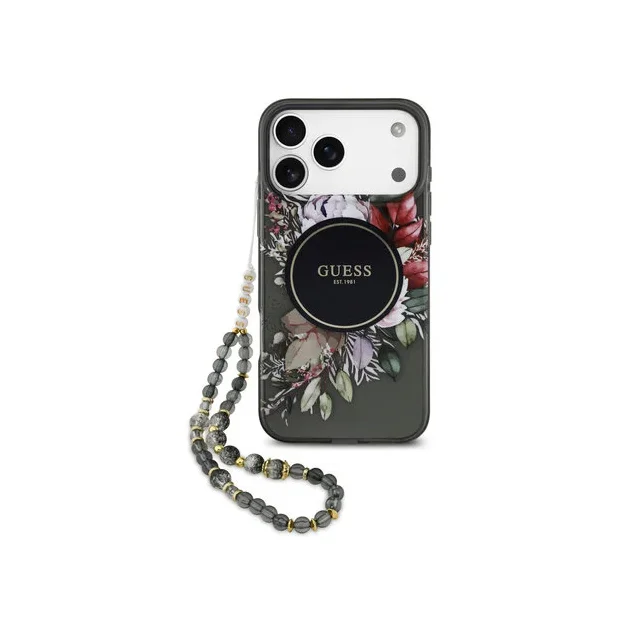 Guess iPhone 17 Pro Max R&uuml;ck-Cover H&uuml;lle - Magsafe IML Blumen-Design mit Perlenband Schwarz
