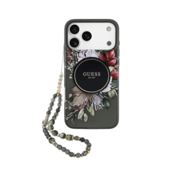 Handyh&uuml;lle Guess iPhone 17 Pro Max R&uuml;ck Cover H&uuml;lle Magsafe IML Blumen-Design mit Perlenband Schwarz