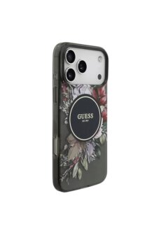 Guess iPhone 17 Pro Max R&uuml;ck-Cover H&uuml;lle - Magsafe IML Blumen-Design mit Perlenband Schwarz
