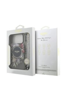 Guess iPhone 17 Pro Max R&uuml;ck-Cover H&uuml;lle - Magsafe IML Blumen-Design mit Perlenband Schwarz