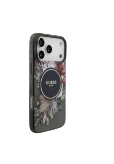 Handyh&uuml;lle Guess iPhone 17 Pro Max R&uuml;ck Cover H&uuml;lle Magsafe IML Blumen-Design mit Perlenband Schwarz