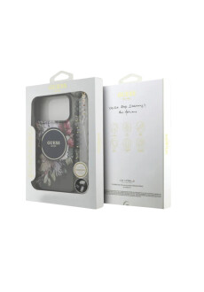 Handyh&uuml;lle Guess iPhone 17 Pro Max R&uuml;ck Cover H&uuml;lle Magsafe IML Blumen-Design mit Perlenband Schwarz